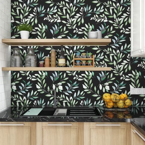 Danodoi Black Green Vintage Leaves Peel and Stick Wallpaper 17.5" x 118" - Image 6