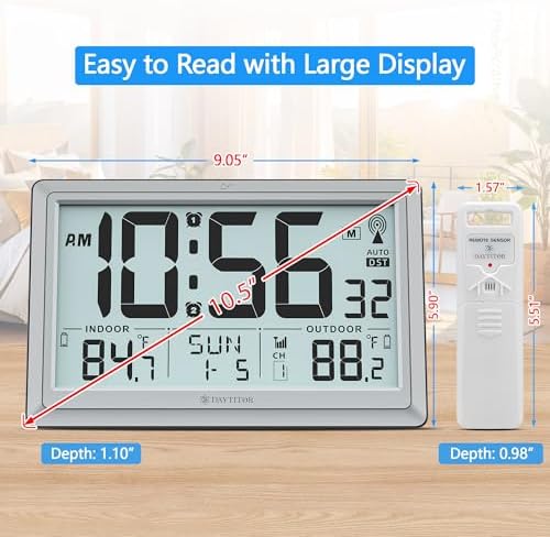 Atomic Clock Wall with Indoor/Outdoor Temp & 10.5" Large LCD Display - Image 2