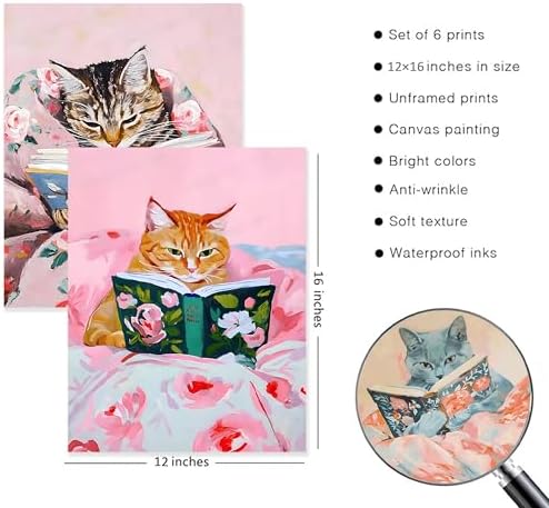 Cute Cat Reading Poster Set of 6 Funny Black Cat Book Lover Canvas Wall Art - Image 3