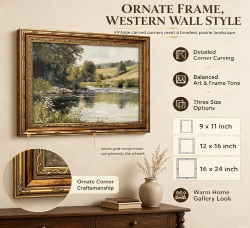 Vintage Gold Framed Wall Art Retro Rustic Farmhouse Green Nature Landscape - Image 2