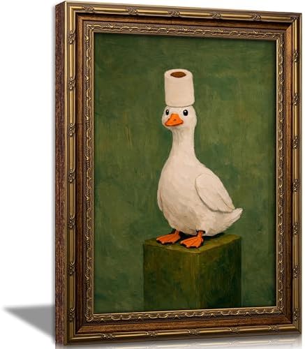 Vintage Gold Framed Duck Bathroom Wall Art, Retro Funny Goose Canvas Painting by VintageGoldFramedWallArt