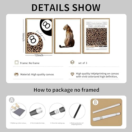 JBZDD Set of 3 Trendy Leopard Wall Art Posters Funky Lucky 8 Ball Prints - Image 3