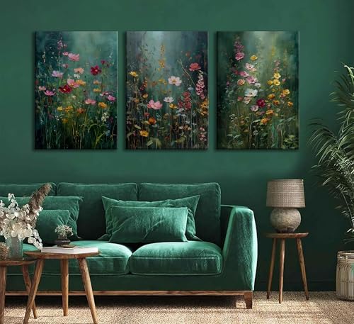 3Pcs Dark Green Floral Canvas Wall Art Moody Wildflowers Poster Prints Vintage - Image 6