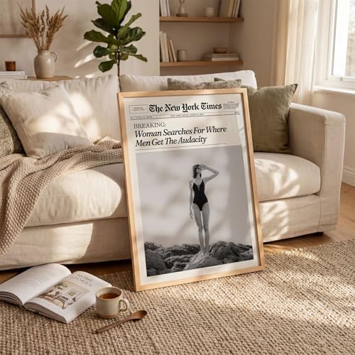Trendy NewsPaper Wall Art 8x10in Wood Grain Frame Woman Searches - Image 4