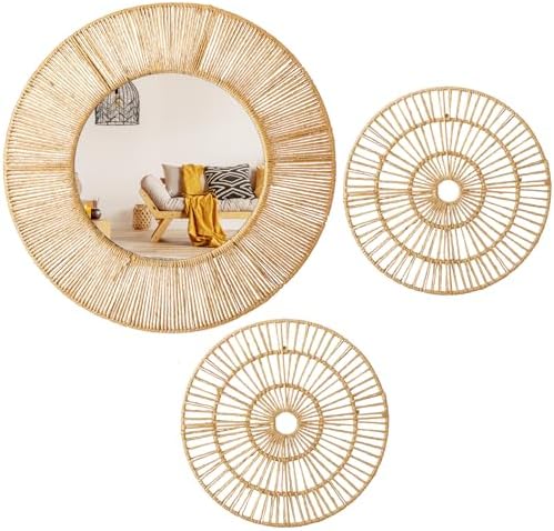 Yerliker 3 Pcs Boho Mirror Wall Decor, Natural Jute Woven Round Mirror - Image 2