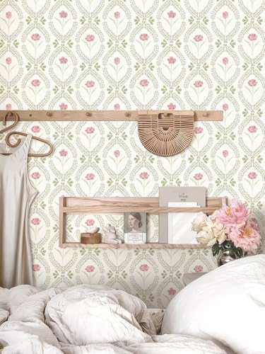 Orainege Peel and Stick Wallpaper Green Pink Floral Wallpaper - Image 7