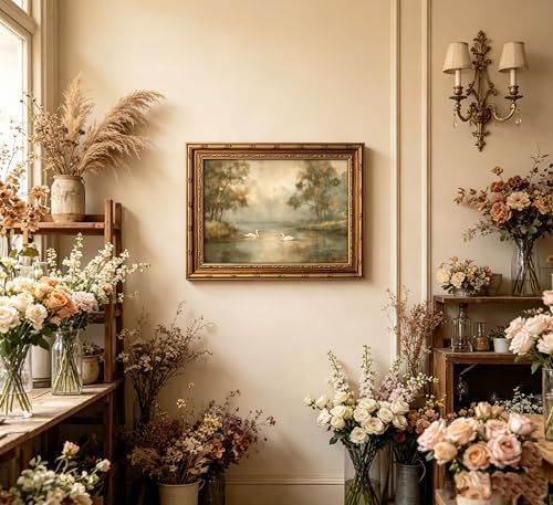 Vintage Gold Framed Swan Lake Wall art, Romantic Landscape Oil Painting Canvas - Image 2