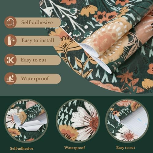 Dimoon Boho Retro Dark Green Wallpaper Peel and Stick Wallpaper Vintage Floral - Image 2