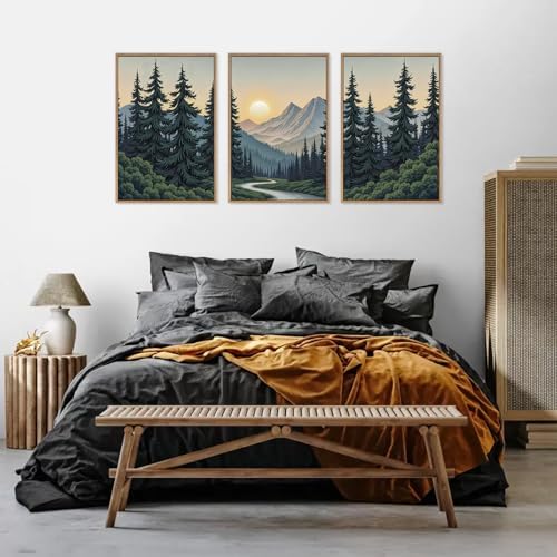 HLNIUC Mountain Forest Sun Framed Wall Art, Large Boho Pine Tree Canvas Wall - Image 5