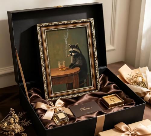 Vintage Gold Framed Smoking Raccoon Wall Art, Moody Dark Funny Animal Whiskey - Image 3