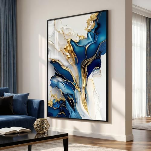 Extra Large Framed Blue White and Gold Abstract Wall Art, Vertical 40x60 In - Image 4