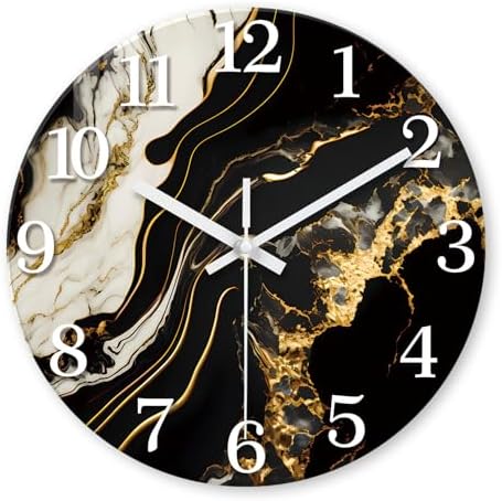 Black Gold Marble Wall Clock 16 Inch Silent Non Ticking by RONGKEJIAJU