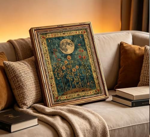 Vintage Gold Framed Celestial Moon Wall Art, Tarot Crescent Moon Painting - Image 5