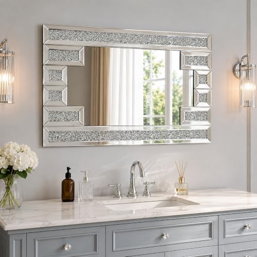 Crushed Diamond Rectangular Wall Mirror 32"x48", Bling Rhinestone Mirror Art by MONNIYU