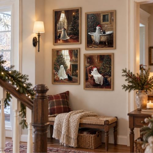4Pcs Framed Vintage Christmas Cute Ghost And Black Cat Wall Art 12x16inch - Image 6