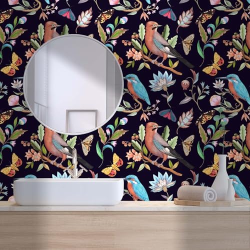 Vintage Black Floral Bird Peel and Stick Wallpaper 17.7" x 70.8" - Image 4