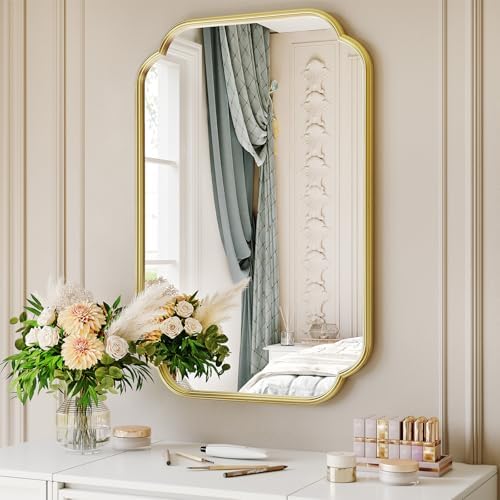 Gold Bathroom Scalloped Mirror, 24” x 36” Rounded Corner Rectangle Wall Mirrors - Image 2