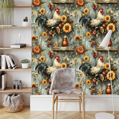 Sunflowers Rooster Wallpaper Peel and Stick 17.3"x236" Non-Woven Fabrics Self - Image 3