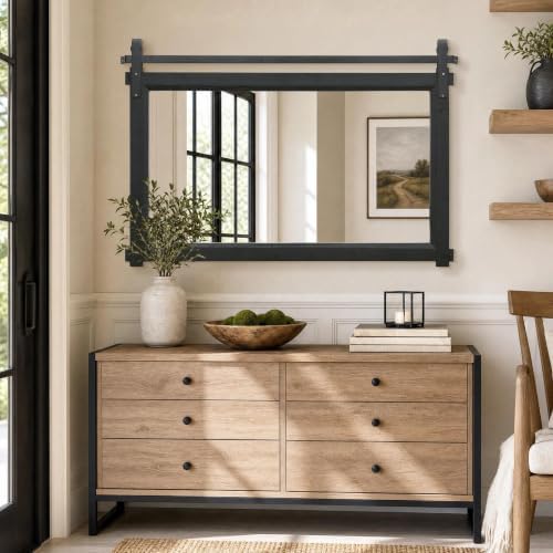 Besdomus Farmhouse Bathroom Vanity Mirror: 42"x28" Black Rustic Barn Door - Image 4