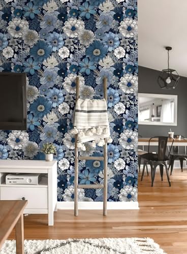 Navy Blue Floral Peel and Stick Wallpaper, Vintage Blue Bloom Wallpaper - Image 3