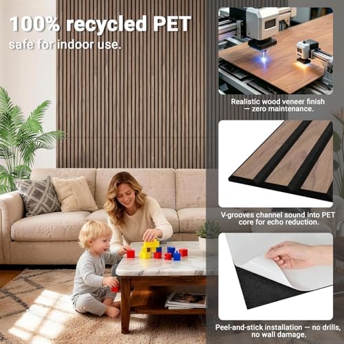 V-Groove Wood Slat Acoustic Panels, 31.2 Sq Ft Self-Adhesive Soundproof Wall - Image 4
