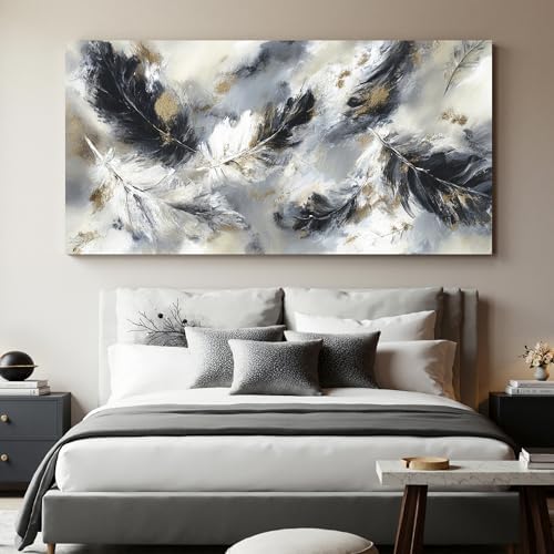 YISXINOAG Black White Abstract Wall Art Modern Feather Painting 29"X58" - Image 3