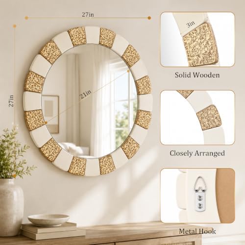 Saliwa 27 Inch Round Bathroom Mirror, Wood Framed Wall Mirror, Rustic Farmhouse - Image 2