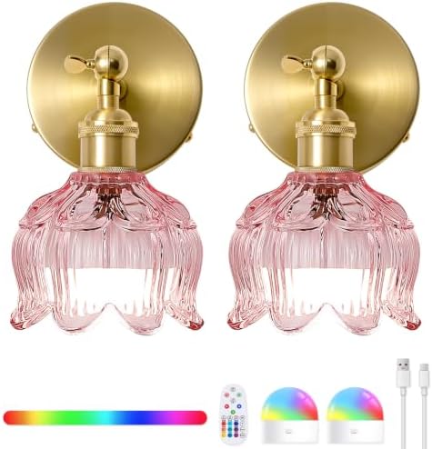 Vintage Battery Operated Wall Sconce: Set of 2 Rechargeable Pink Sconce by BlesULuk