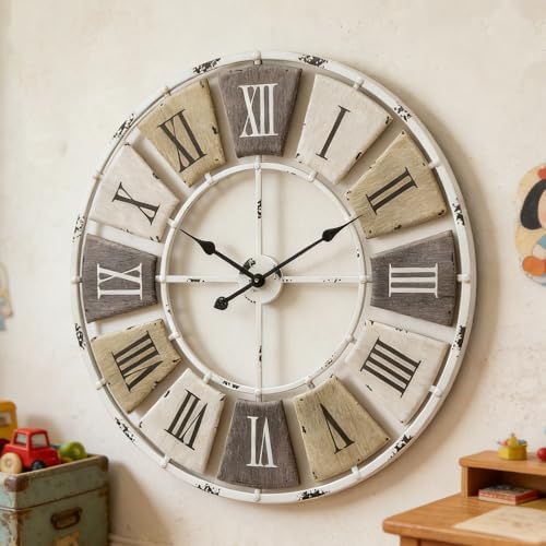 16" Distressed Metal Wall Clock, Roman Numeral Farmhouse Decor - Image 2