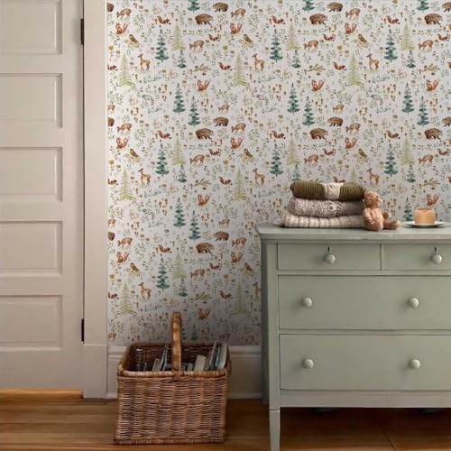 Fairy Animals Forest Deer Cute Owl Rabbits Trees White Peel and Stick Wallpaper - Image 3