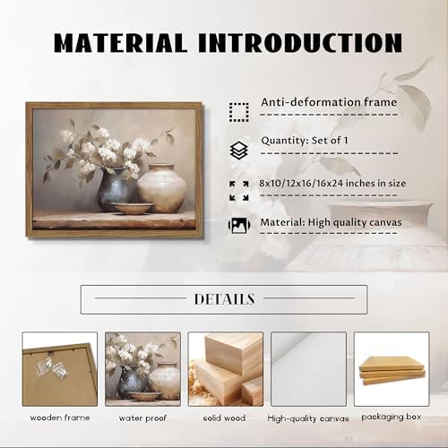 Framed Vintage Floral Canvas Wall Art, Neutral Rustic Still Life Botanical - Image 5