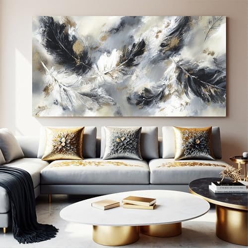 YISXINOAG Black White Abstract Wall Art Modern Feather Painting 29"X58" - Image 2