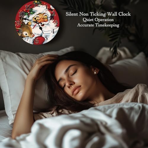 Christmas Vintage Santa Claus and Reindeer Wall Clock, Silent Non Ticking Round - Image 7