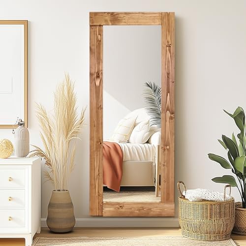 58x24in Full Length Mirror, Solid Wood Convex Frame, Light Brown - Image 6