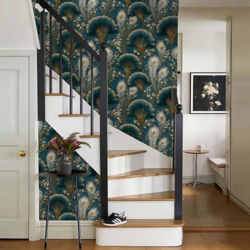 Stickorama Teal Gold Peacock Feather Floral Peel and Stick Wallpaper Self - Image 4