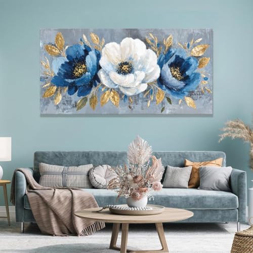 Large Blue White Floral Canvas Wall Art Decor - Image 5