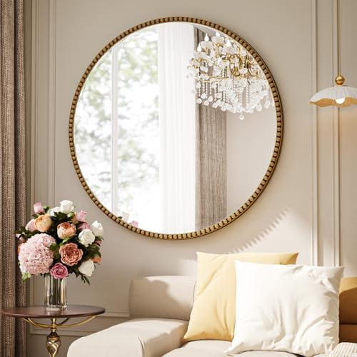 24'' Round Bathroom Mirror, Beaded Circle Decorative Wall Mirror by Unknown