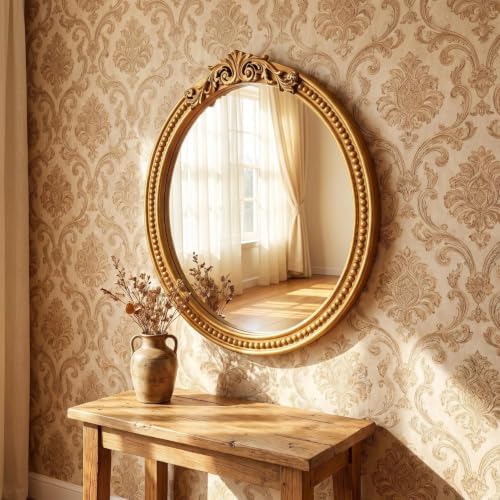 Askeld Vintage Ornate Round Wall Mirror 32 Inch French Baroque Gold Framed by AskeldFurnitureCoLtd