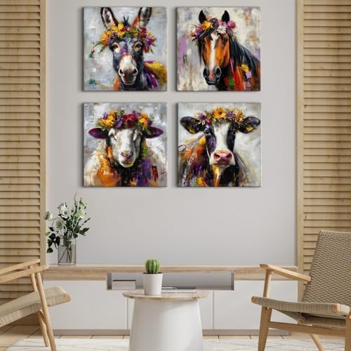 Set of 4 Farmhouse Animal Canvas Wall Art Dinner Room Decoration Abstract - Image 3