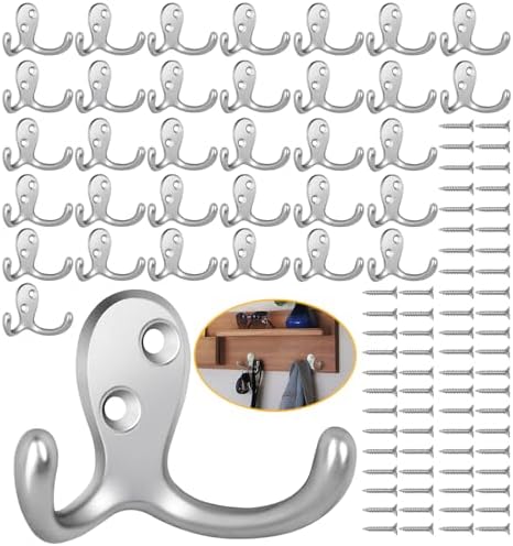Homanu 34 Pack Silvery Coat Hooks Wall Mounted Double Prong by Homanu
