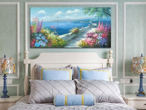 Arjun Blue Coastal Landscape Canvas Wall Art Ocean Large Framed 48"x24" - Image 3