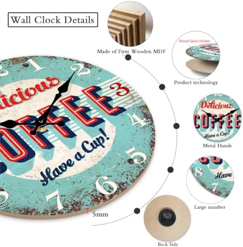 XFM 12 Inch Silent Wooden Wall Clocks Battery Operated Blue Retro Coffee - Image 3