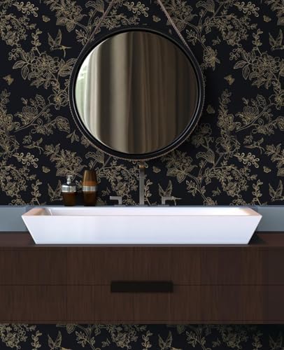 Froluya Black Gold Floral Wallpaper Peel and Stick Wallpaper 17.7in×590.5in - Image 5