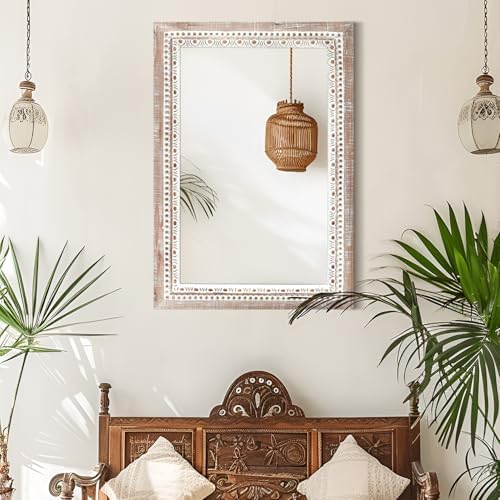 24'' Rectangular Wall Mounted Mirror, Wood Decorative Mirrors, Boho Mirrors - Image 3
