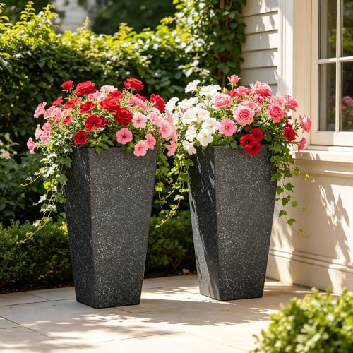 Autodaya 28" Oversized Black Terrazzo-Look PP Tall Planters Set of 2 by Unknown