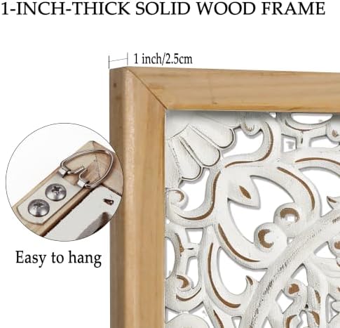XIAOAIKA Boho Carved Wood Wall Art Panel, Floral Mandala, Distressed White - Image 5