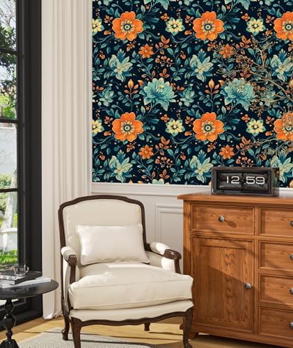 BOKEBEVE Vintage Floral Wallpaper Peel and Stick Blue Orange 17.5 x 118In - Image 3