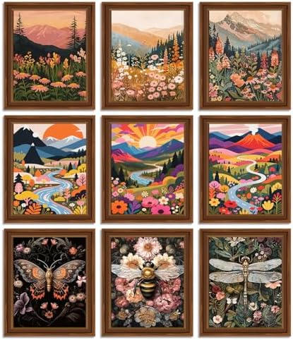 XIANGRUI Boho Wall Art Set of 9, 8x10In Nature Prints, Retro Colorful Decor by Unknown