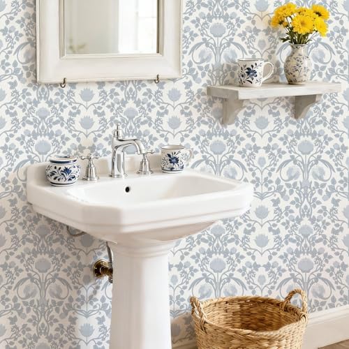 YXTII 590.5" × 17.3" Blue Floral Peel and Stick Wallpaper, Damask Vintage - Image 3