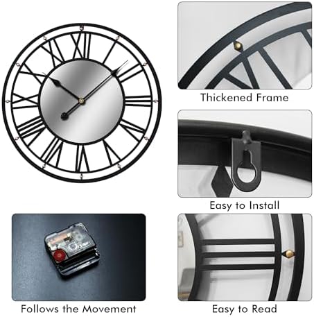 Metal Wall Clocks Battery Operated Vintage Black Mirror Large Iron Wall Clock - Image 2